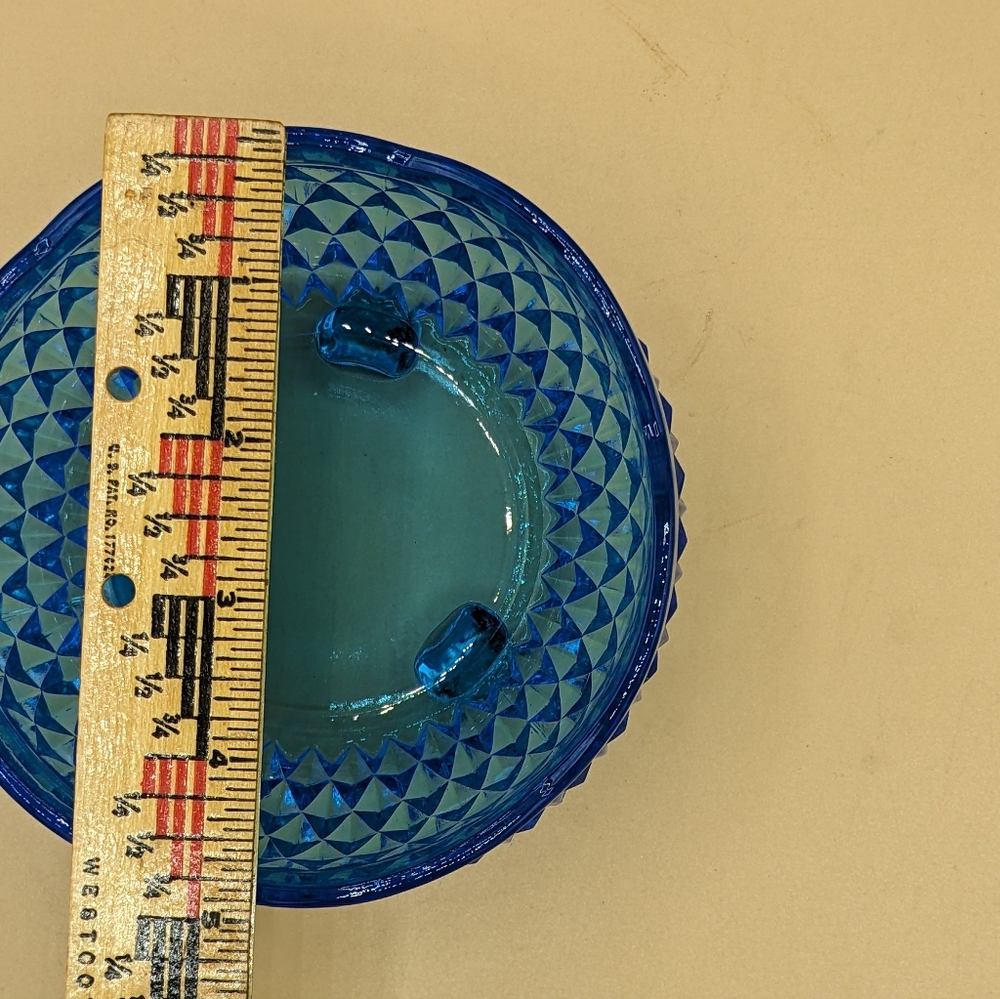 Vintage Indiana Glass Bowl Diamond Point Blue  Candy Dish Tri-footed Bowl 5" Dia - Picture 7 of 11
